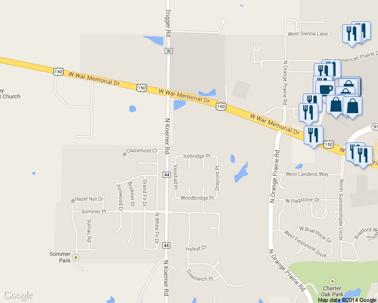 map of restaurants, bars, coffee shops, grocery stores, and more near 6001 Ivybridge Pl in Peoria