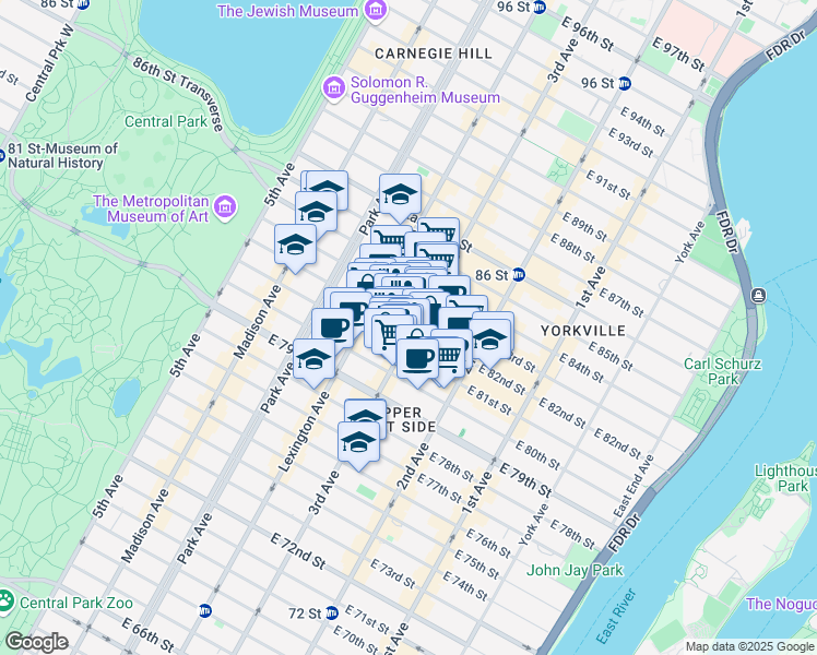 map of restaurants, bars, coffee shops, grocery stores, and more near 190 East 82nd Street in New York