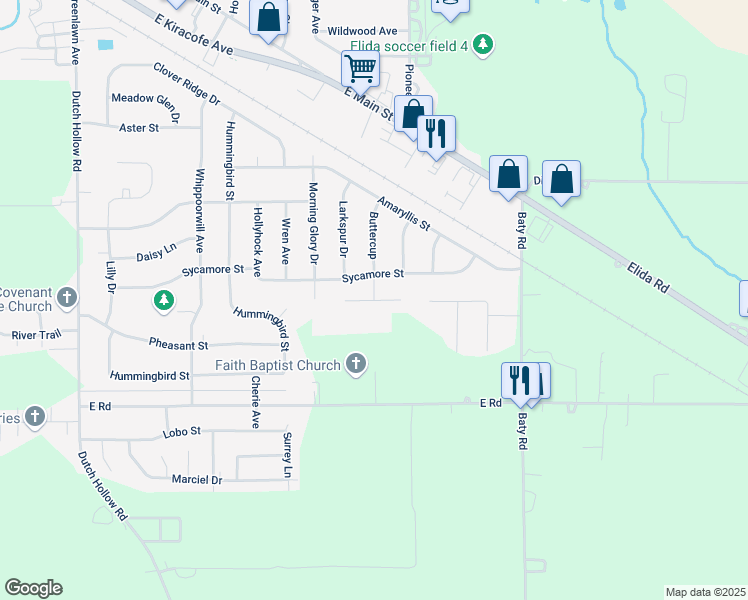 map of restaurants, bars, coffee shops, grocery stores, and more near 2101 Buttercup in Elida