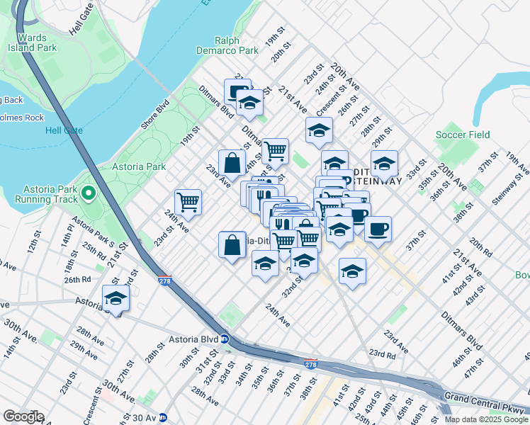 map of restaurants, bars, coffee shops, grocery stores, and more near 2620 23rd Avenue in Queens
