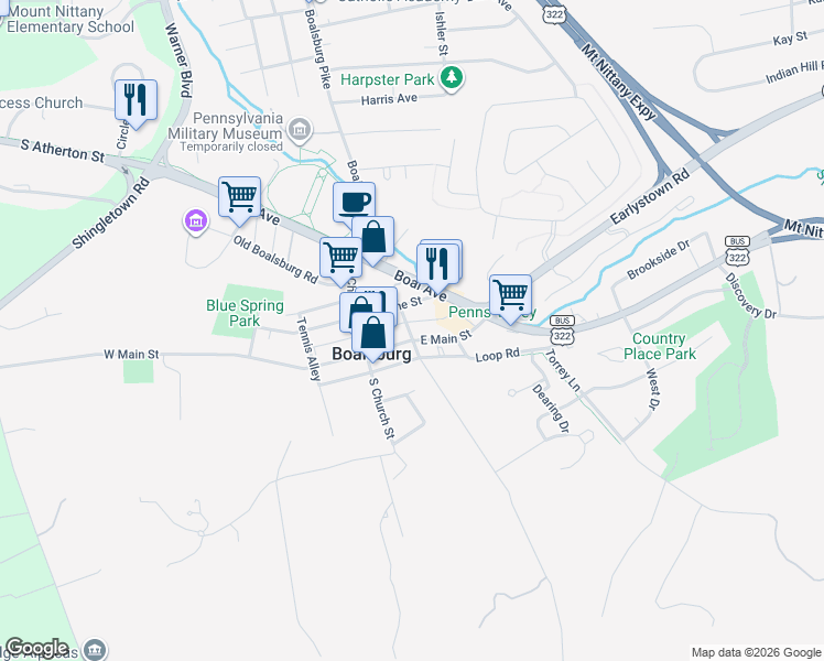 map of restaurants, bars, coffee shops, grocery stores, and more near 101 Academy Street in Boalsburg