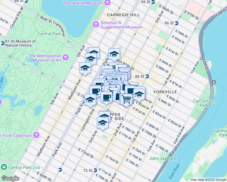 map of restaurants, bars, coffee shops, grocery stores, and more near 174 East 82nd Street in New York