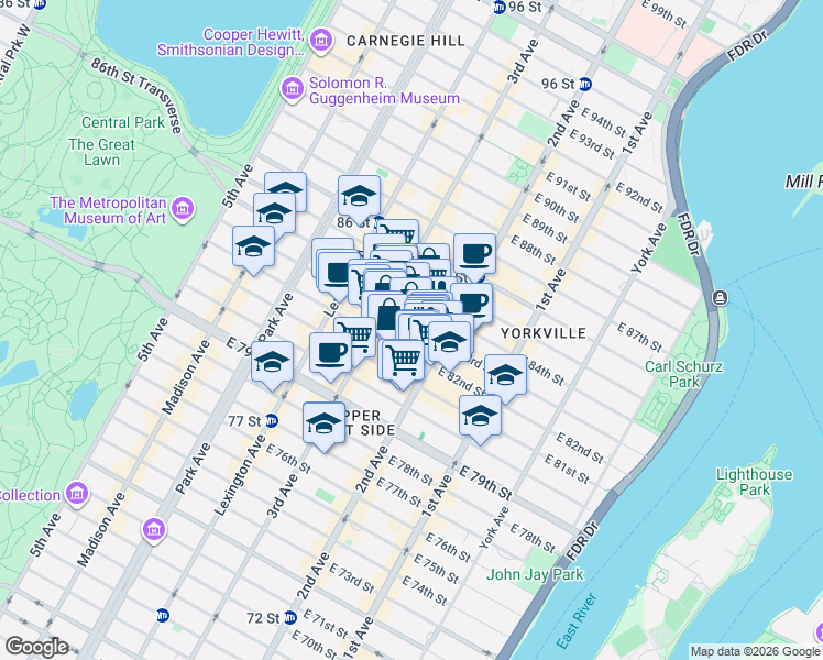 map of restaurants, bars, coffee shops, grocery stores, and more near 225 East 82nd Street in New York