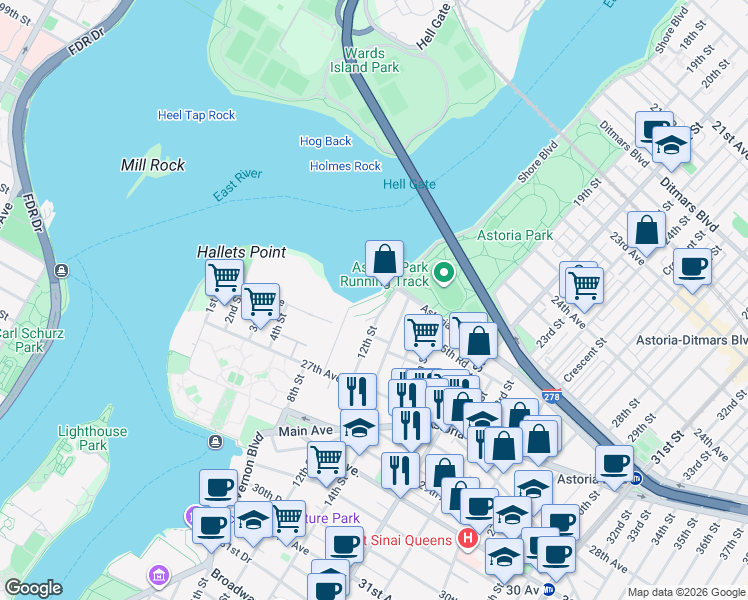 map of restaurants, bars, coffee shops, grocery stores, and more near 25-40 Shore Boulevard in Queens