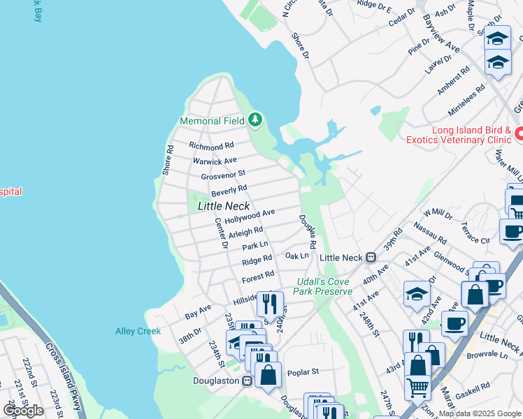 map of restaurants, bars, coffee shops, grocery stores, and more near 256 Hollywood Avenue in Queens