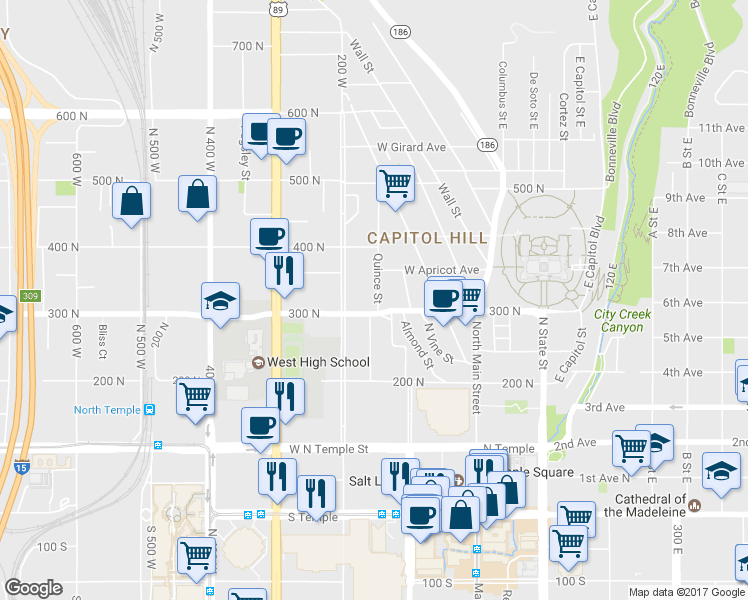 map of restaurants, bars, coffee shops, grocery stores, and more near 311 Quince Street in Salt Lake City