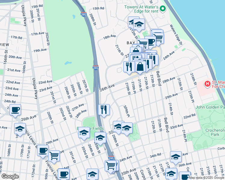 map of restaurants, bars, coffee shops, grocery stores, and more near 27-03 Corporal Kennedy Street in Queens