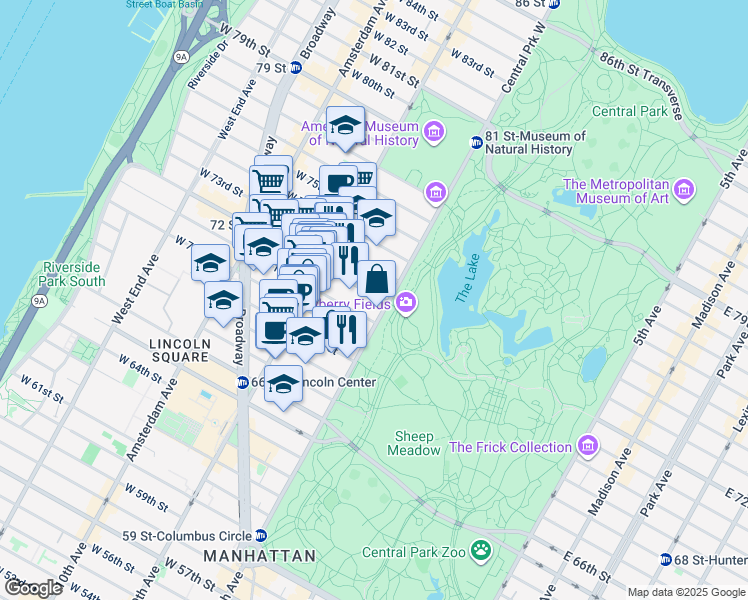 map of restaurants, bars, coffee shops, grocery stores, and more near 20 West 72nd Street in New York
