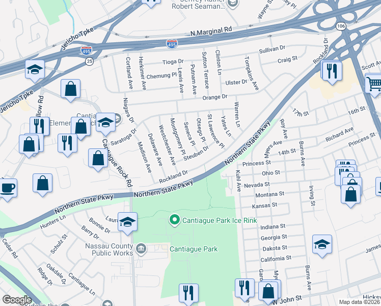 map of restaurants, bars, coffee shops, grocery stores, and more near 1 Montgomery Place in Jericho