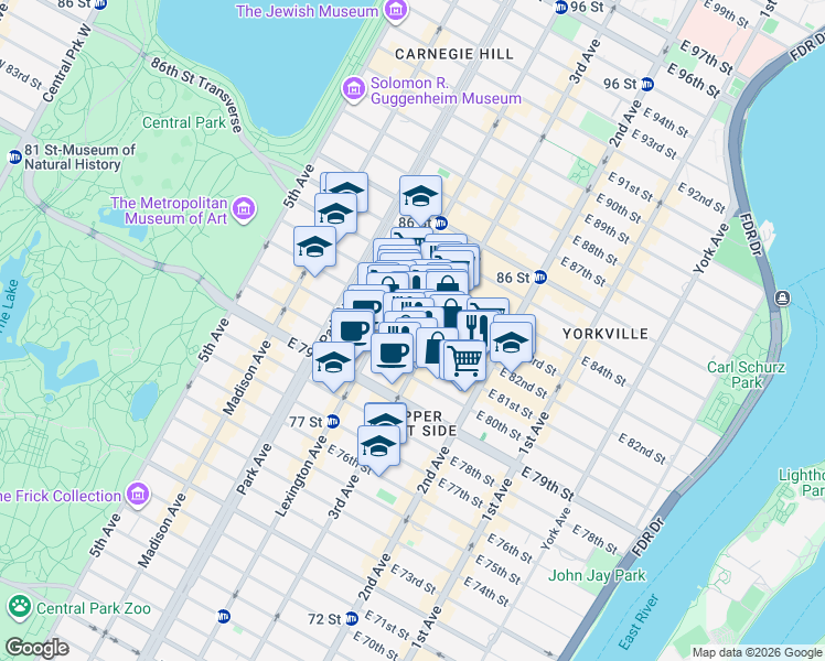 map of restaurants, bars, coffee shops, grocery stores, and more near 1445 3rd Avenue in New York