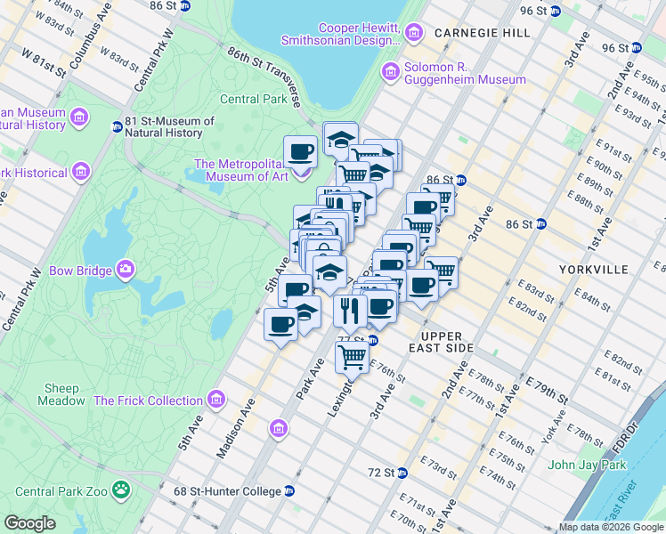 map of restaurants, bars, coffee shops, grocery stores, and more near 1045 Madison Avenue in New York