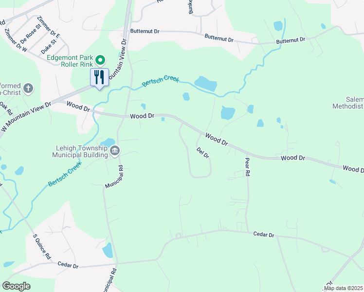 map of restaurants, bars, coffee shops, grocery stores, and more near 1048 Del Drive in Walnutport