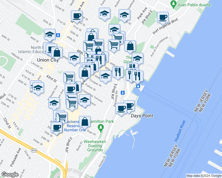 map of restaurants, bars, coffee shops, grocery stores, and more near 935 Boulevard East in Weehawken