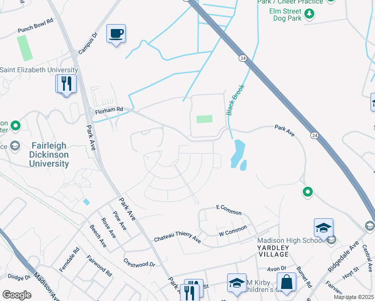map of restaurants, bars, coffee shops, grocery stores, and more near 59 Cunningham Drive in Florham Park