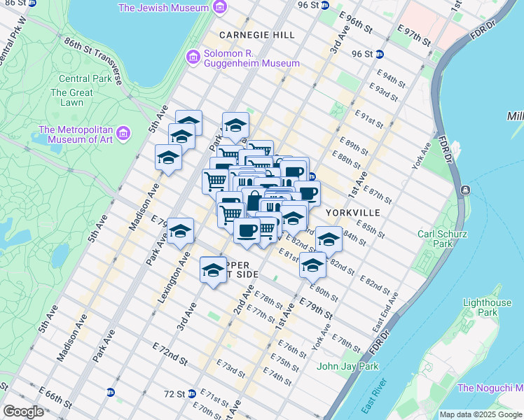 map of restaurants, bars, coffee shops, grocery stores, and more near 212 East 83rd Street in New York