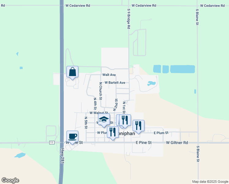 map of restaurants, bars, coffee shops, grocery stores, and more near 316 North 2nd Street in Doniphan