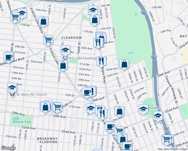 map of restaurants, bars, coffee shops, grocery stores, and more near 23-10 169th Street in Queens