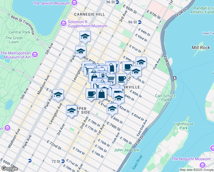 map of restaurants, bars, coffee shops, grocery stores, and more near 300 East 84th Street in New York