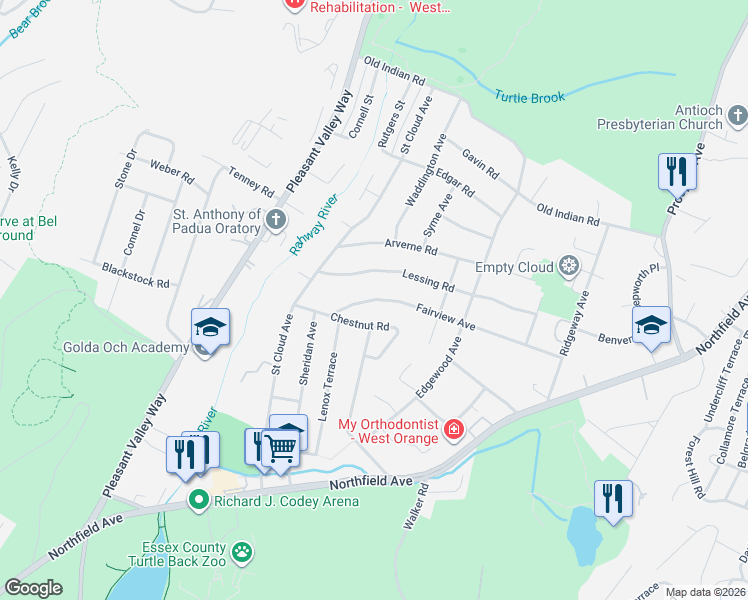 map of restaurants, bars, coffee shops, grocery stores, and more near 90 Fairview Avenue in West Orange