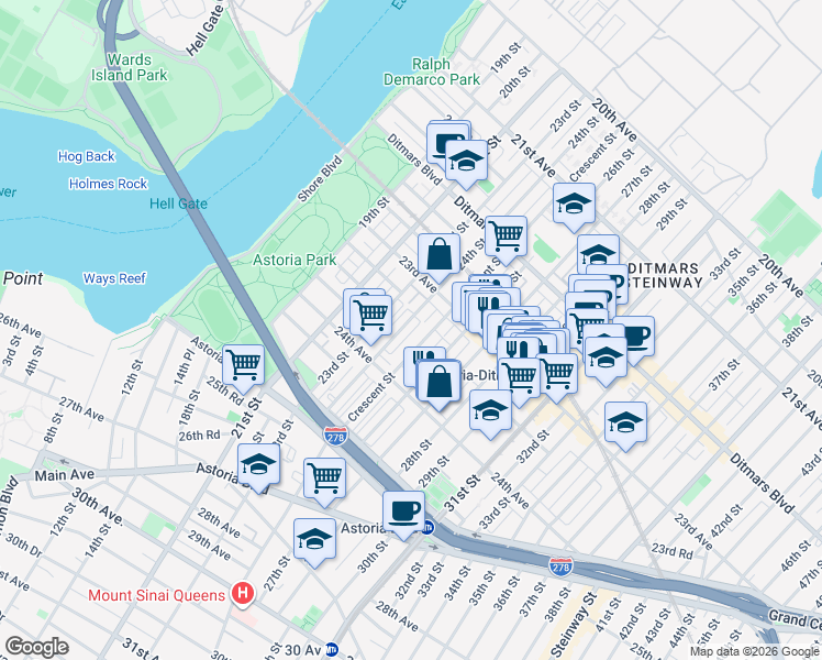 map of restaurants, bars, coffee shops, grocery stores, and more near 23-45 24th Street in Queens