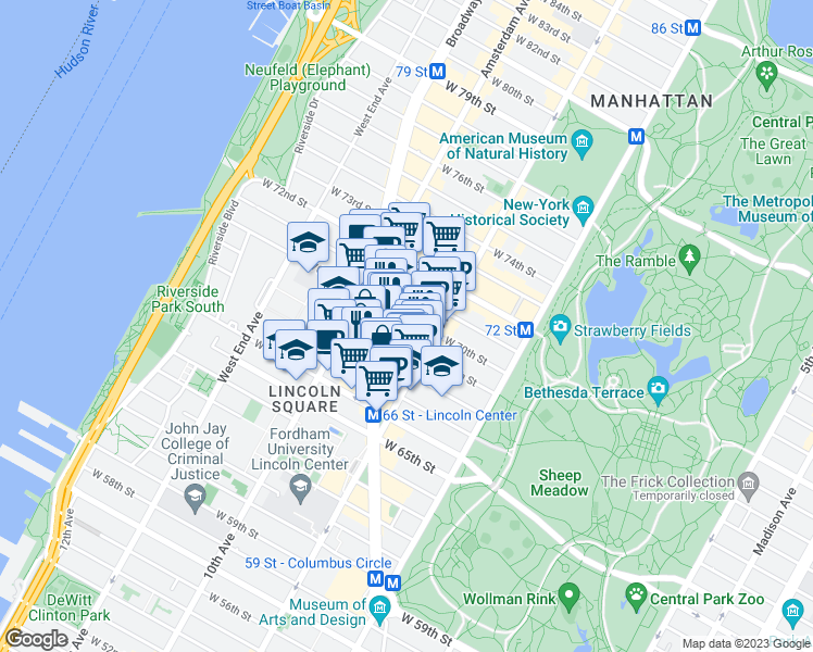 map of restaurants, bars, coffee shops, grocery stores, and more near 128 West 70th Street in New York