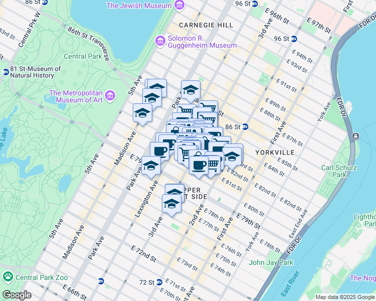 map of restaurants, bars, coffee shops, grocery stores, and more near 170 East 82nd Street in New York