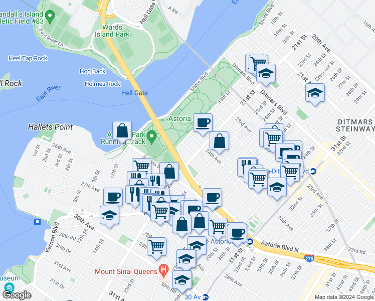 map of restaurants, bars, coffee shops, grocery stores, and more near 19-20 24th Road in Queens