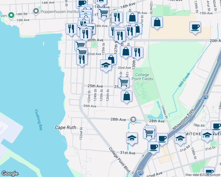 map of restaurants, bars, coffee shops, grocery stores, and more near 25-18 127th Street in Queens