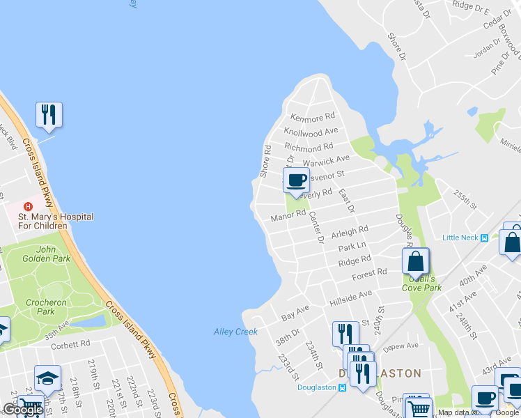 map of restaurants, bars, coffee shops, grocery stores, and more near 3-10 Shore Road in Queens