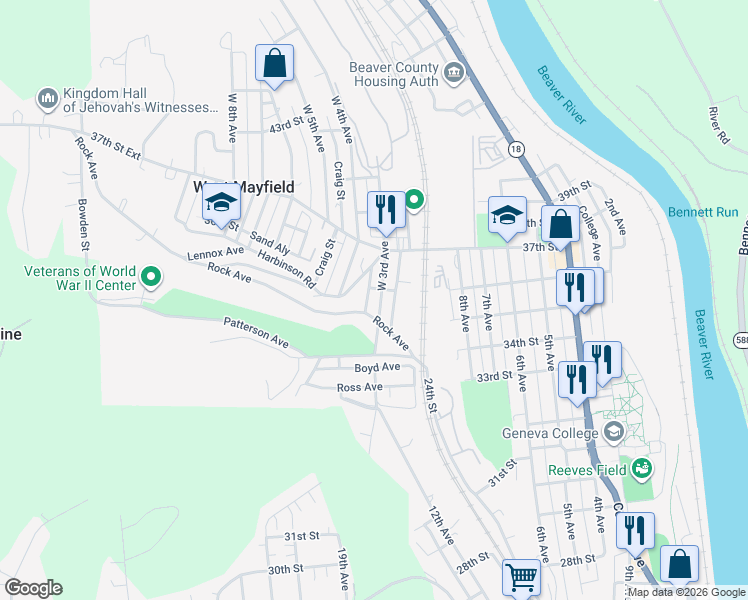 map of restaurants, bars, coffee shops, grocery stores, and more near 3507 West 3rd Avenue in Beaver Falls