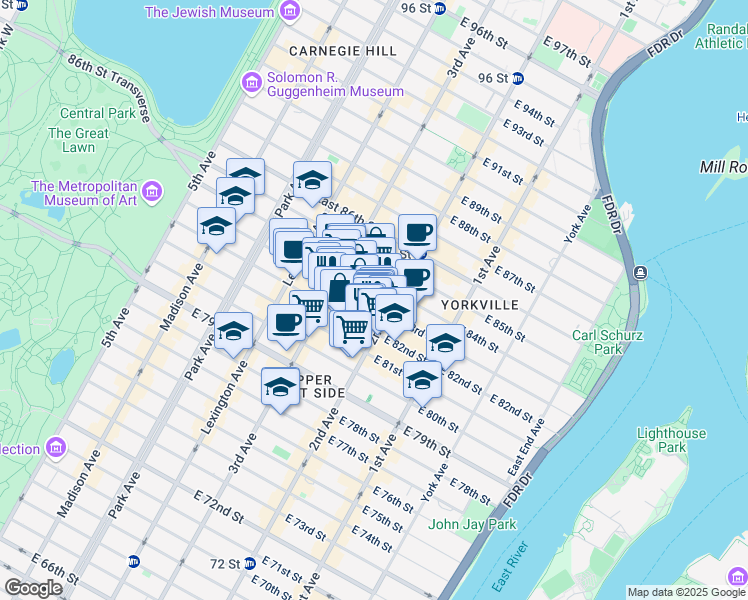 map of restaurants, bars, coffee shops, grocery stores, and more near 235 East 83rd Street in New York