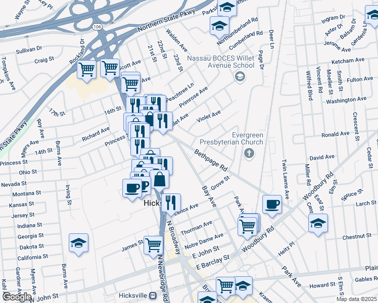 map of restaurants, bars, coffee shops, grocery stores, and more near 241 Bay Avenue in Hicksville