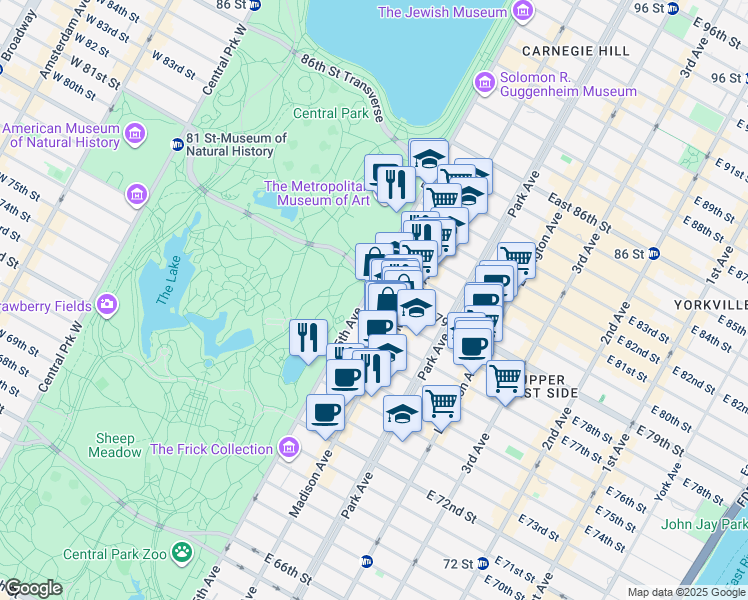map of restaurants, bars, coffee shops, grocery stores, and more near 1 East 78th Street in New York