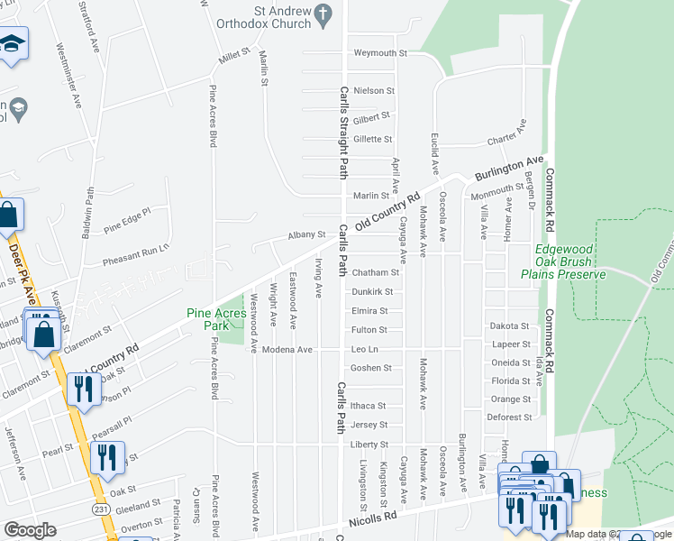 map of restaurants, bars, coffee shops, grocery stores, and more near 678 Carlls Path in Deer Park