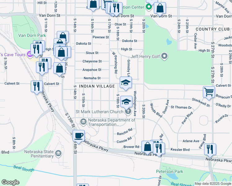 map of restaurants, bars, coffee shops, grocery stores, and more near 3711 South 18th Street in Lincoln