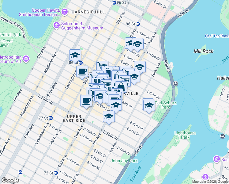 map of restaurants, bars, coffee shops, grocery stores, and more near 342 East 85th Street in New York