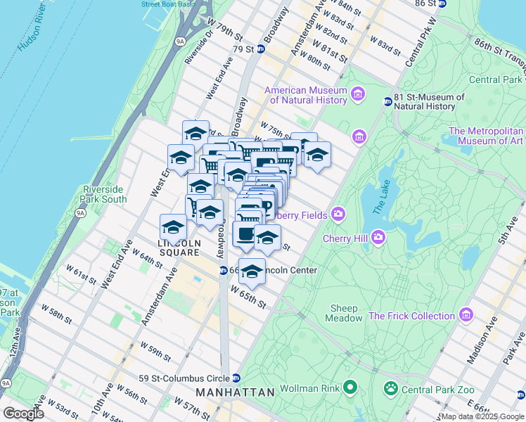 map of restaurants, bars, coffee shops, grocery stores, and more near 198 Columbus Avenue in New York