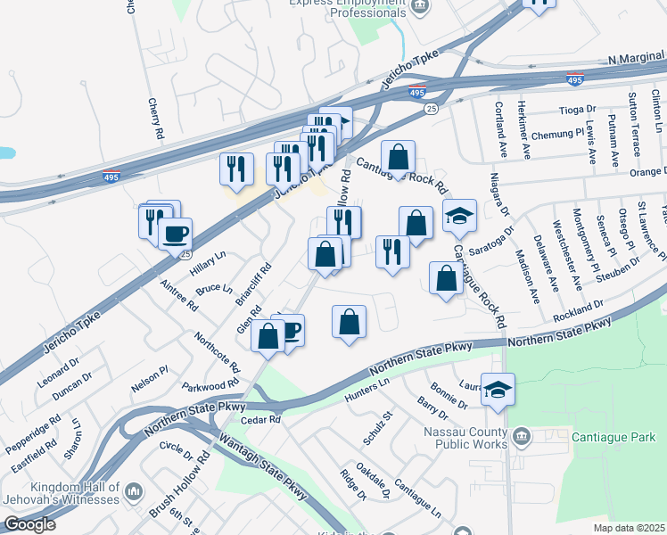 map of restaurants, bars, coffee shops, grocery stores, and more near 3998 Brush Hollow Road in Westbury
