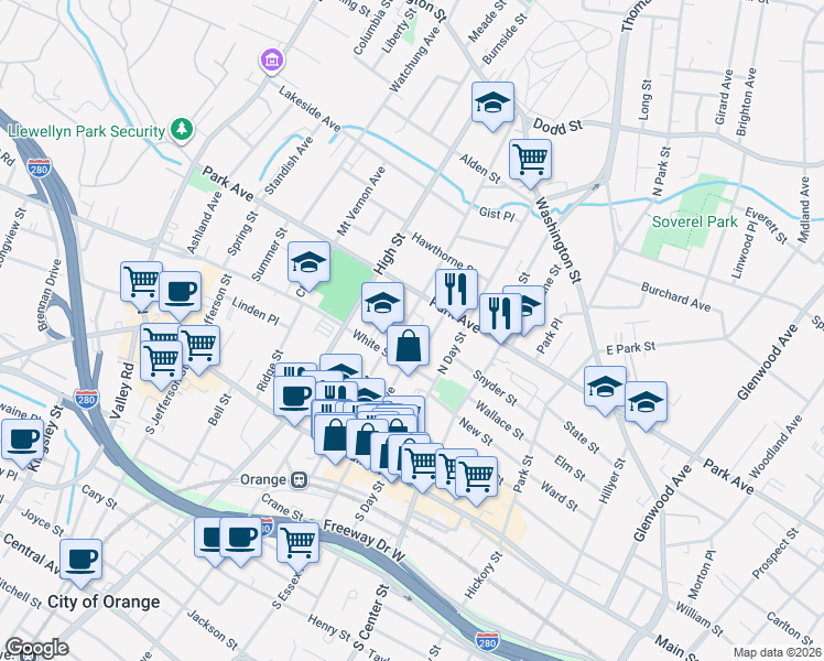 map of restaurants, bars, coffee shops, grocery stores, and more near 150 Cleveland Street in City of Orange