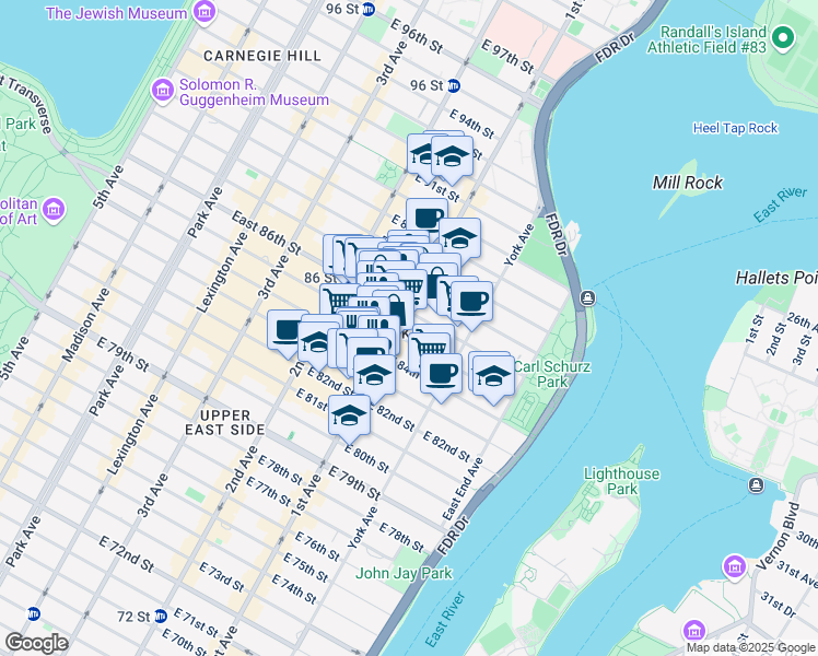 map of restaurants, bars, coffee shops, grocery stores, and more near 1634 1st Avenue in New York