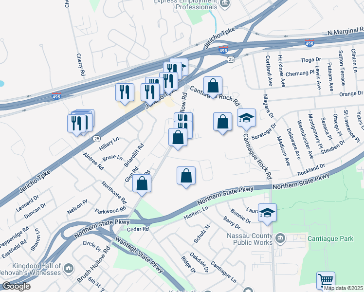 map of restaurants, bars, coffee shops, grocery stores, and more near 3998 Brush Hollow Road in Westbury