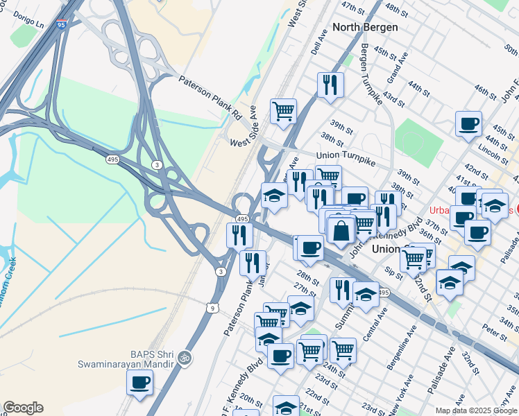 map of restaurants, bars, coffee shops, grocery stores, and more near 3106 Tonnele Avenue in North Bergen