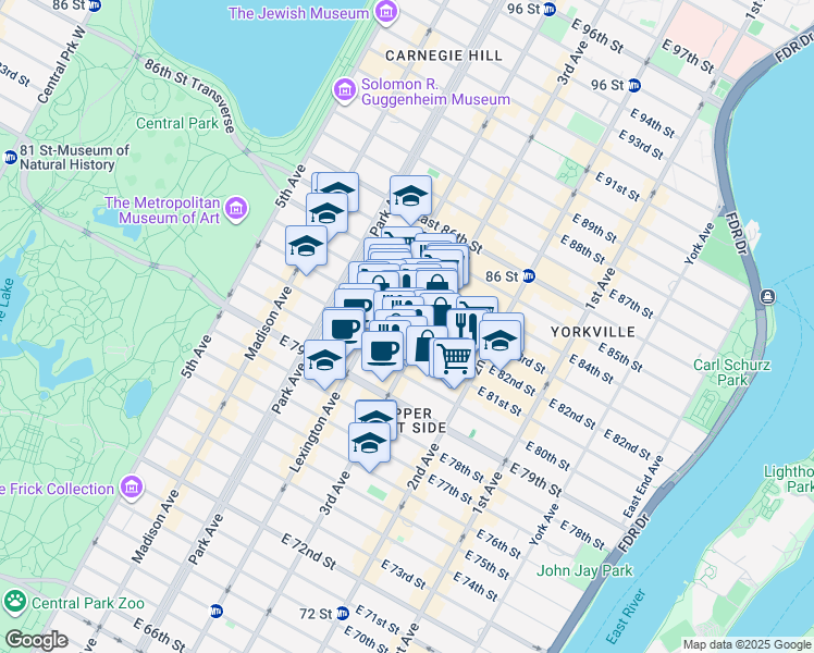 map of restaurants, bars, coffee shops, grocery stores, and more near 172 East 82nd Street in New York