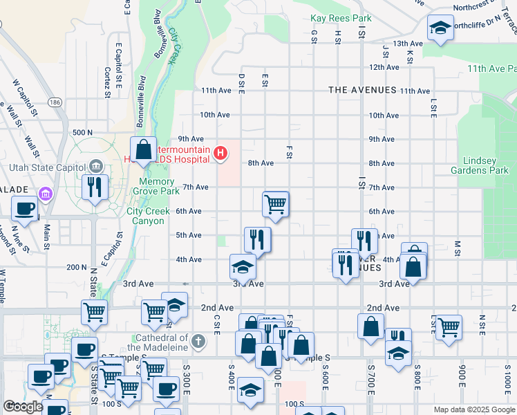 map of restaurants, bars, coffee shops, grocery stores, and more near 279 N Street in Salt Lake City