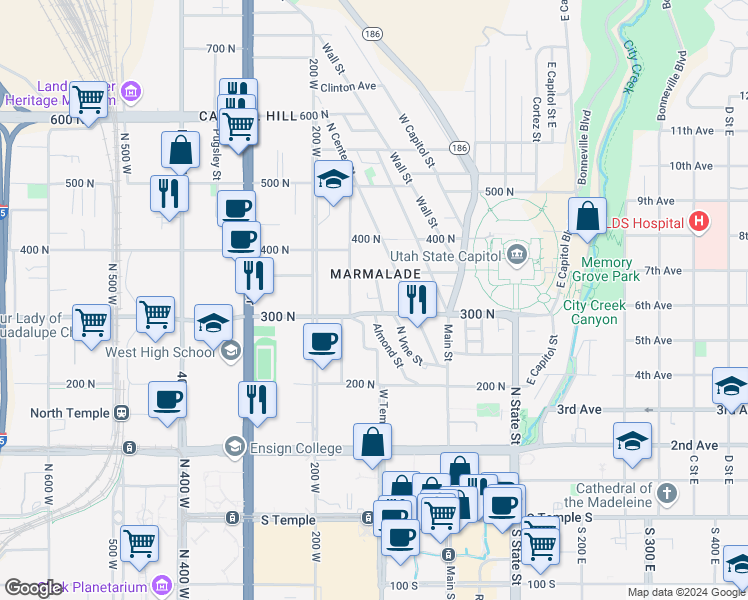 map of restaurants, bars, coffee shops, grocery stores, and more near 303 Almond Street in Salt Lake City