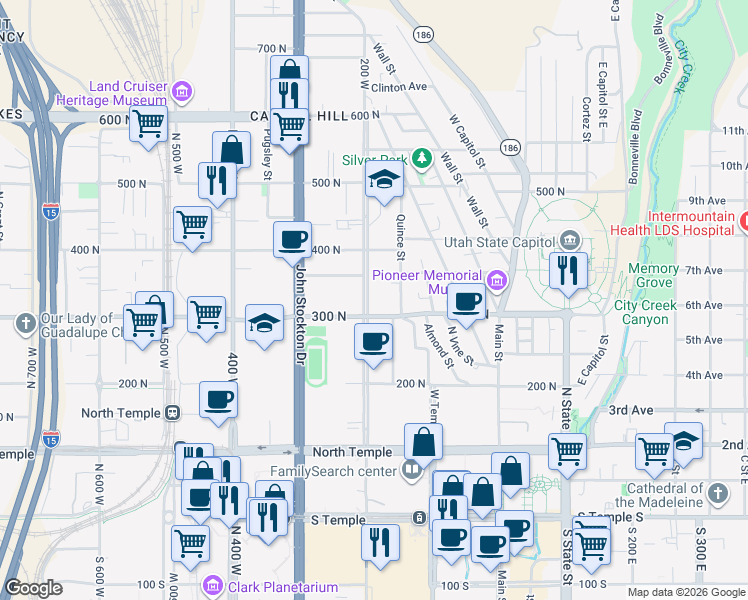 map of restaurants, bars, coffee shops, grocery stores, and more near 202 West 300 North in Salt Lake City