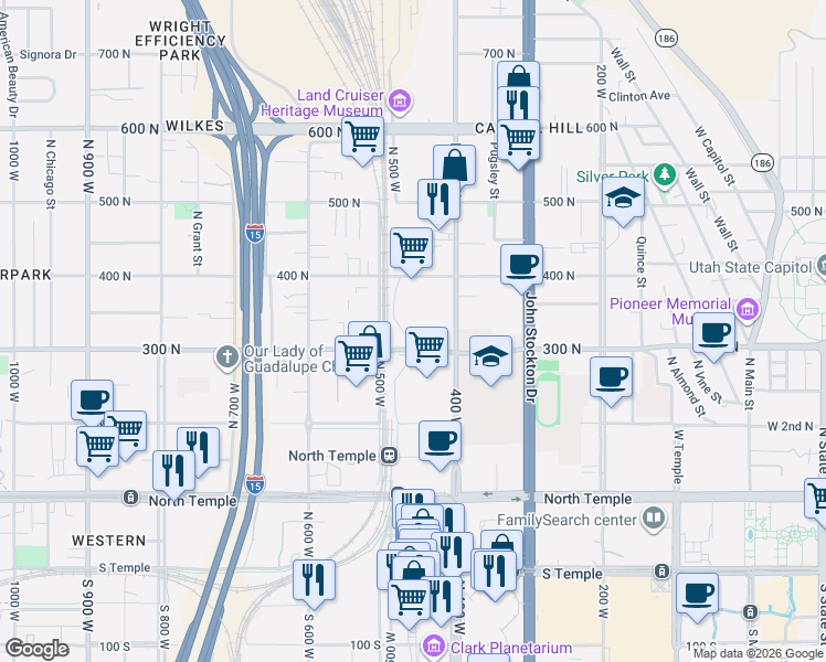 map of restaurants, bars, coffee shops, grocery stores, and more near 485 300 North in Salt Lake City