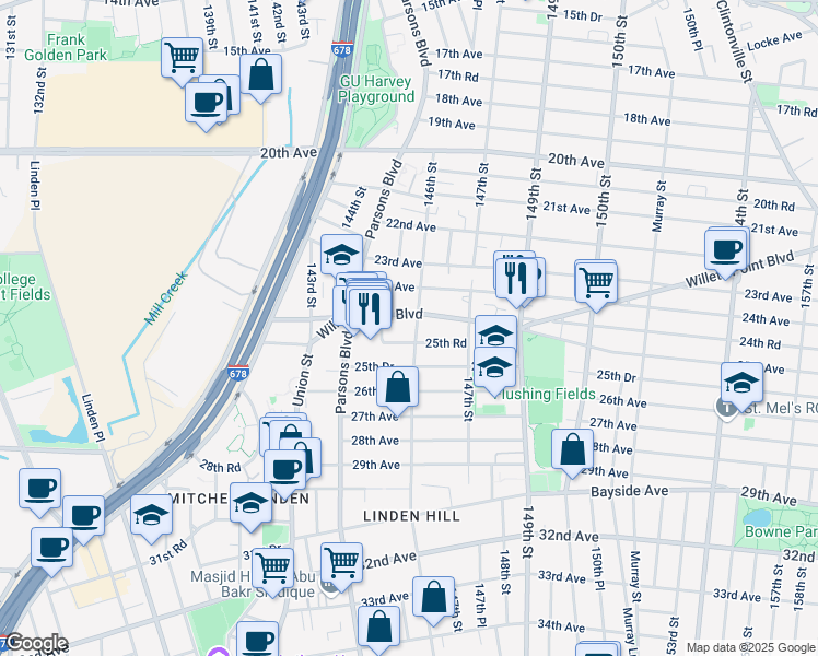 map of restaurants, bars, coffee shops, grocery stores, and more near 144-47 25th Road in Queens
