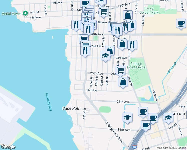 map of restaurants, bars, coffee shops, grocery stores, and more near 25-21 123rd Street in Queens