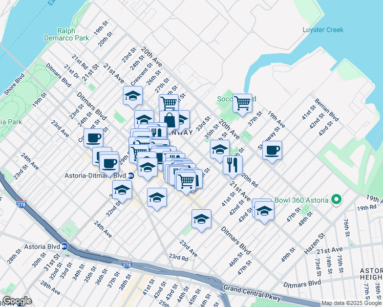 map of restaurants, bars, coffee shops, grocery stores, and more near 21-12 36th Street in Queens